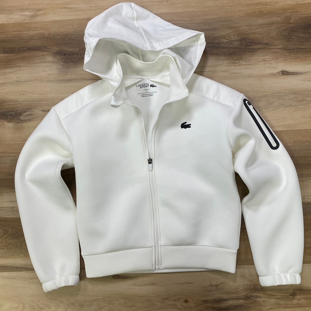 Lacoste Sport Jacket Zip Removable Hoodie 38 Womens Medium Neoprene White SF9328